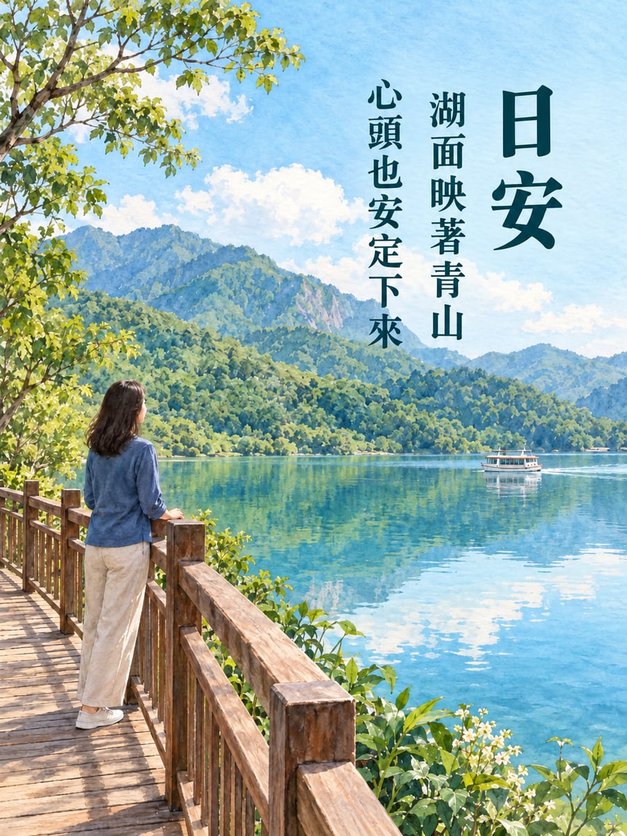 湖畔木棧道。圖中文字：日安，湖面映著青山，心頭也安定下來