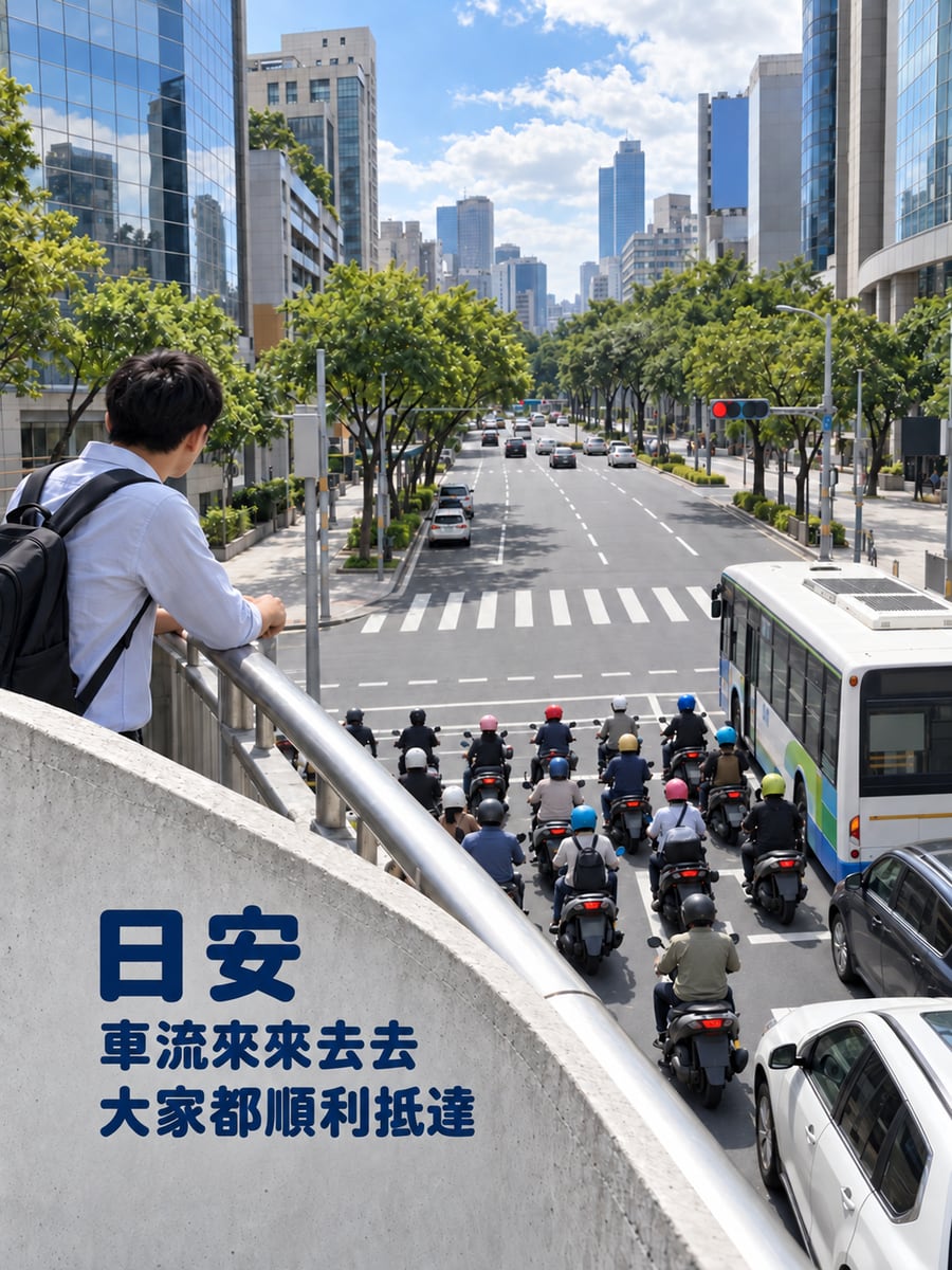 天橋看車流。圖中文字：日安，車流來來去去，大家都順利抵達