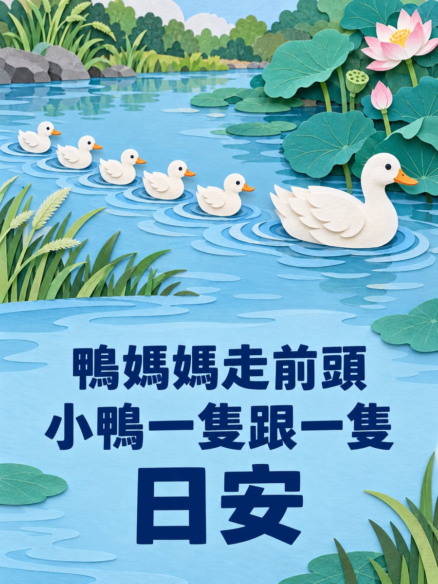 鴨子一家。圖中文字：日安，鴨媽媽走前頭，小鴨一隻跟一隻
