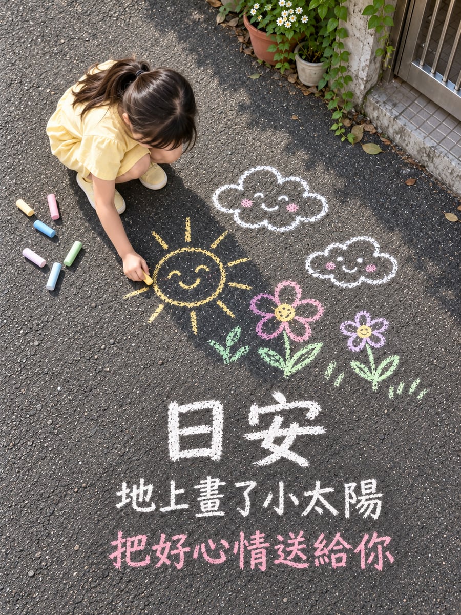 巷口粉筆畫。圖中文字：日安，地上畫了小太陽，把好心情送給你