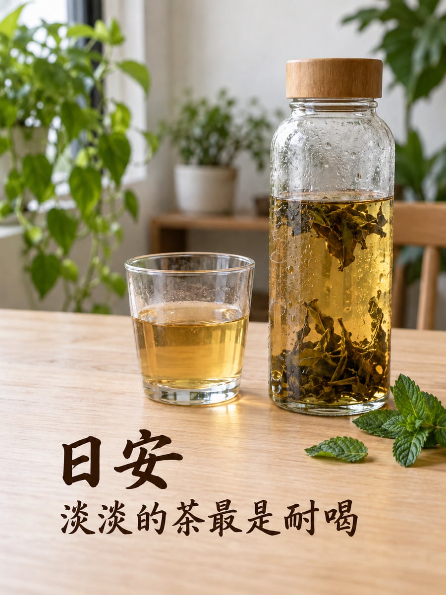 冷泡茶。圖中文字：日安，淡淡的茶最是耐喝
