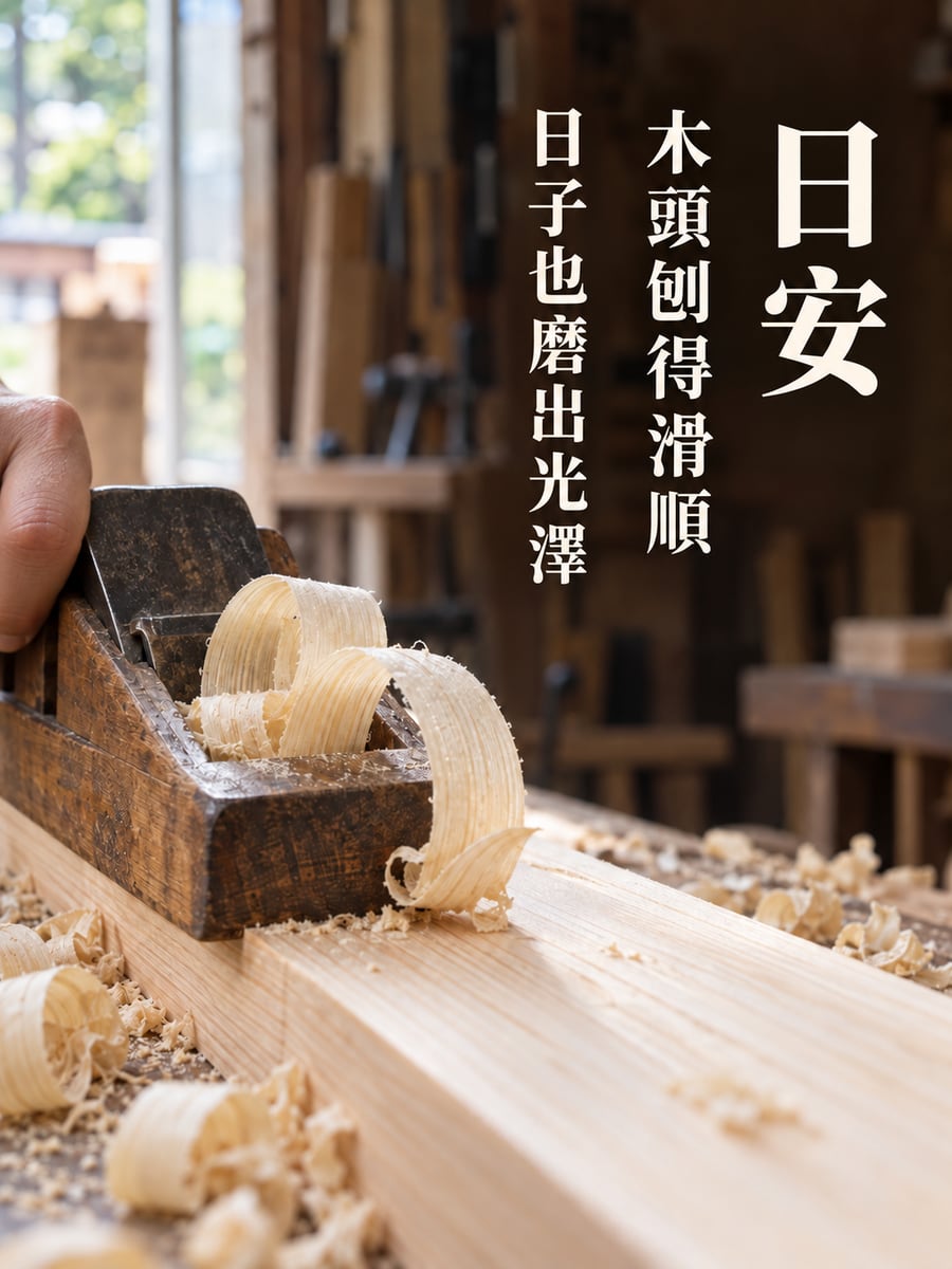 刨木花。圖中文字：日安，木頭刨得滑順，日子也磨出光澤