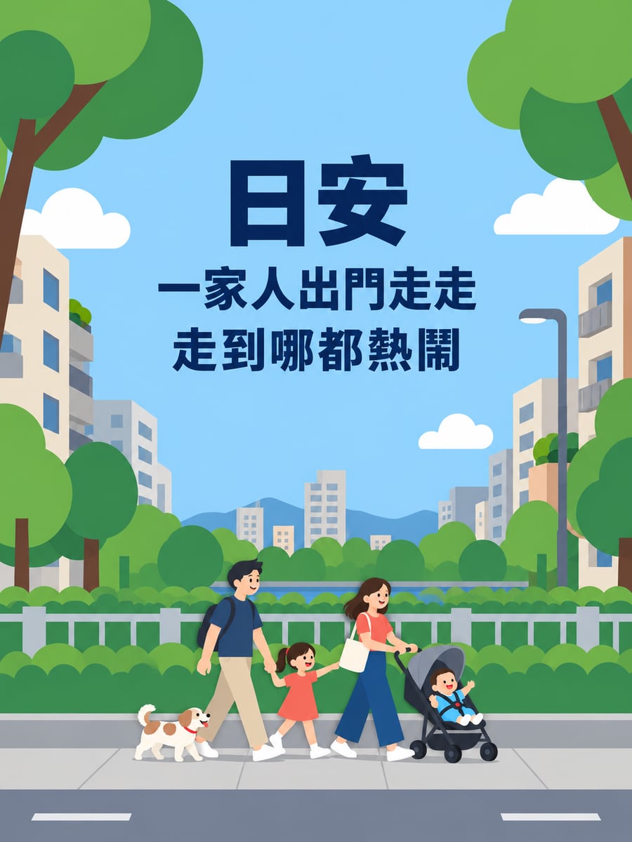 全家出門走走。圖中文字：日安，一家人出門走走，走到哪都熱鬧