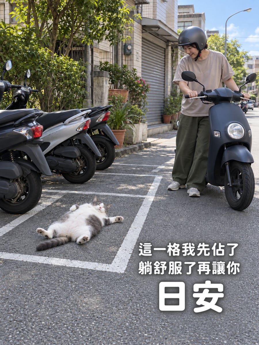 霸佔停車格的貓。圖中文字：日安，這一格我先佔了，躺舒服了再讓你