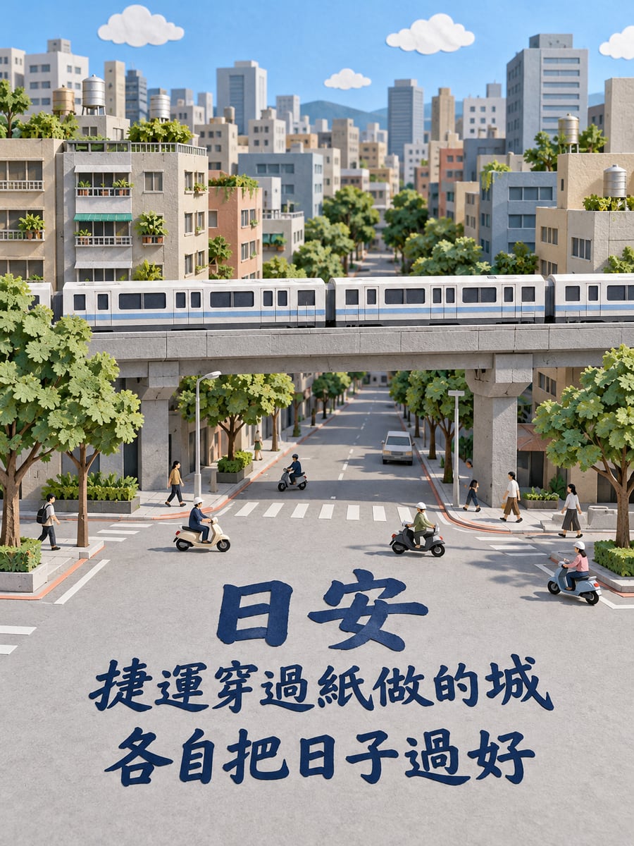 紙藝城市捷運。圖中文字：日安，捷運穿過紙做的城，各自把日子過好