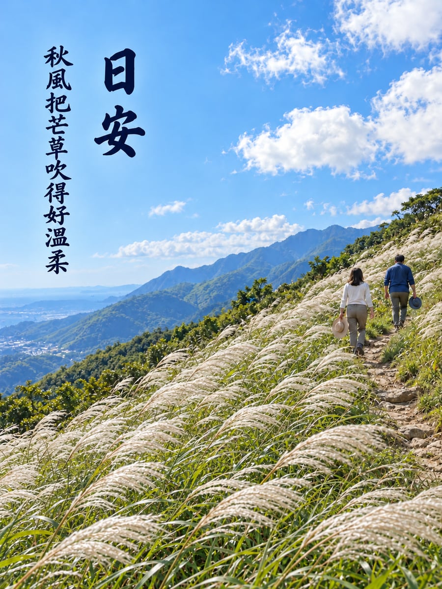 秋天芒草坡。圖中文字：日安，秋風把芒草吹得好溫柔