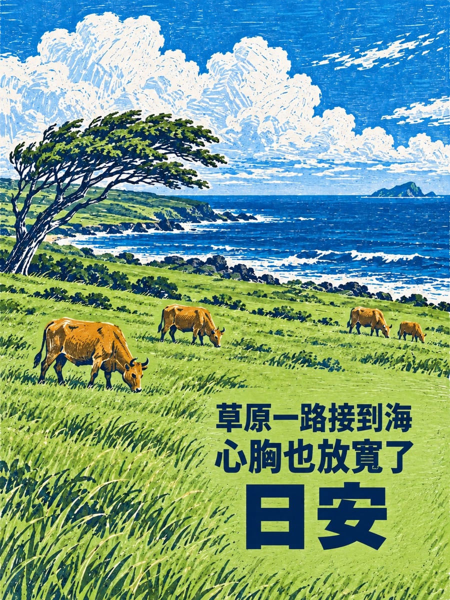 海岸草原。圖中文字：日安，草原一路接到海，心胸也放寬了