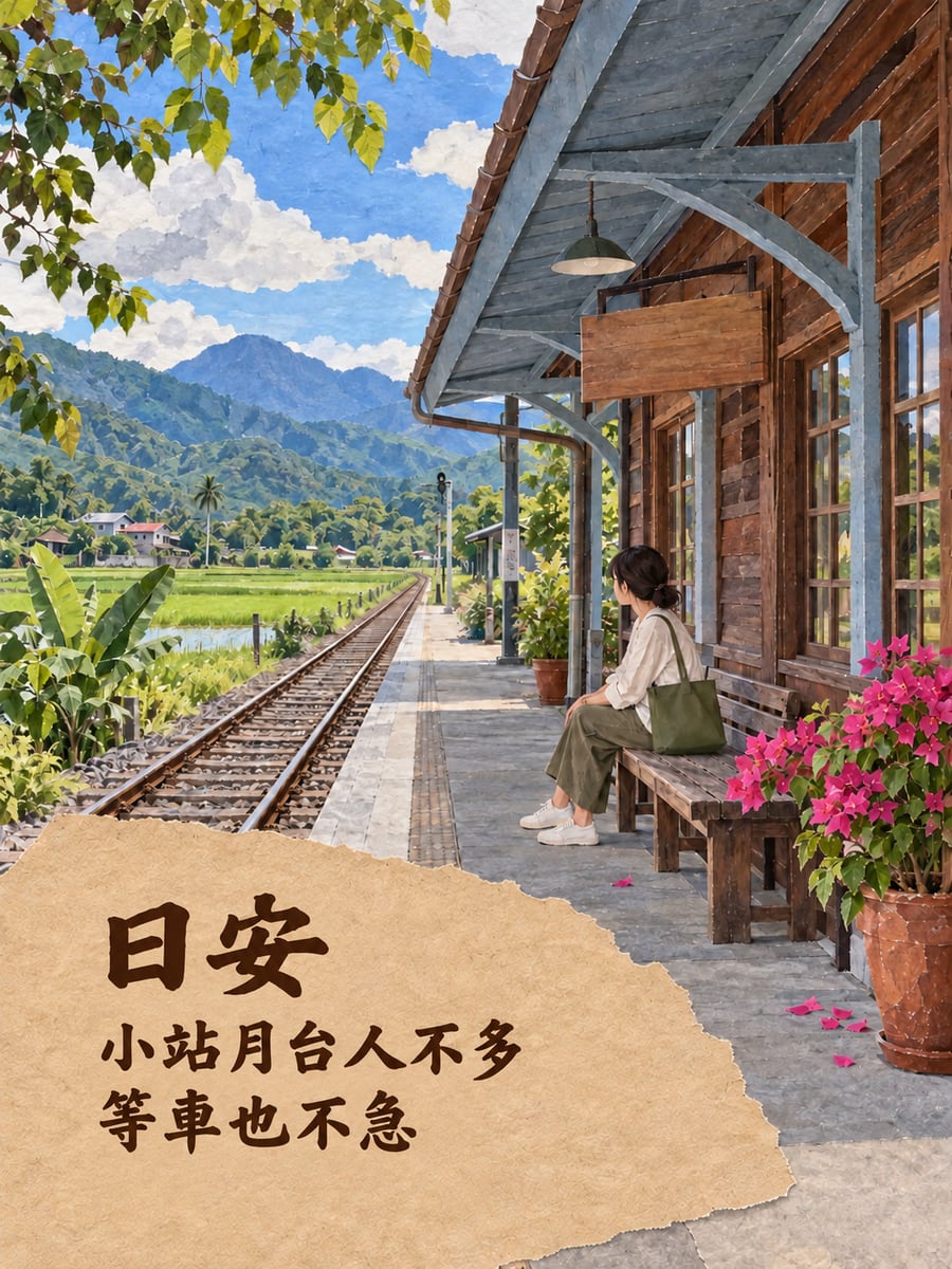 小鎮火車站。圖中文字：日安，小站月台人不多，等車也不急