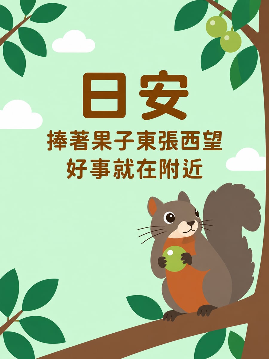 抱果實的松鼠。圖中文字：日安，捧著果子東張西望，好事就在附近
