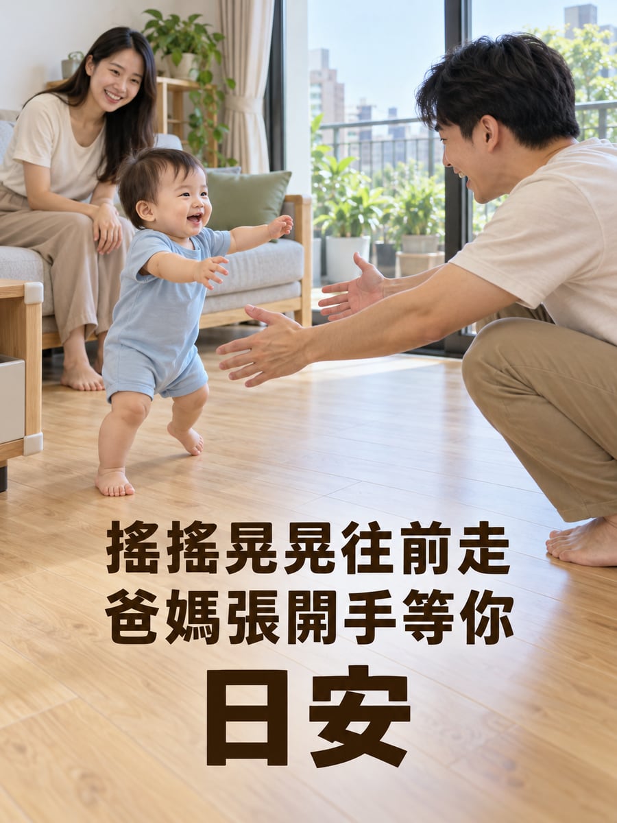 學走路。圖中文字：日安，搖搖晃晃往前走，爸媽張開手等你