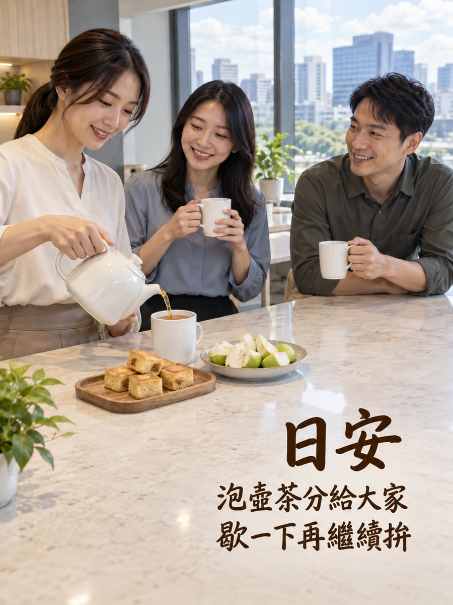 同事茶點時間。圖中文字：日安，泡壺茶分給大家，歇一下再繼續拚