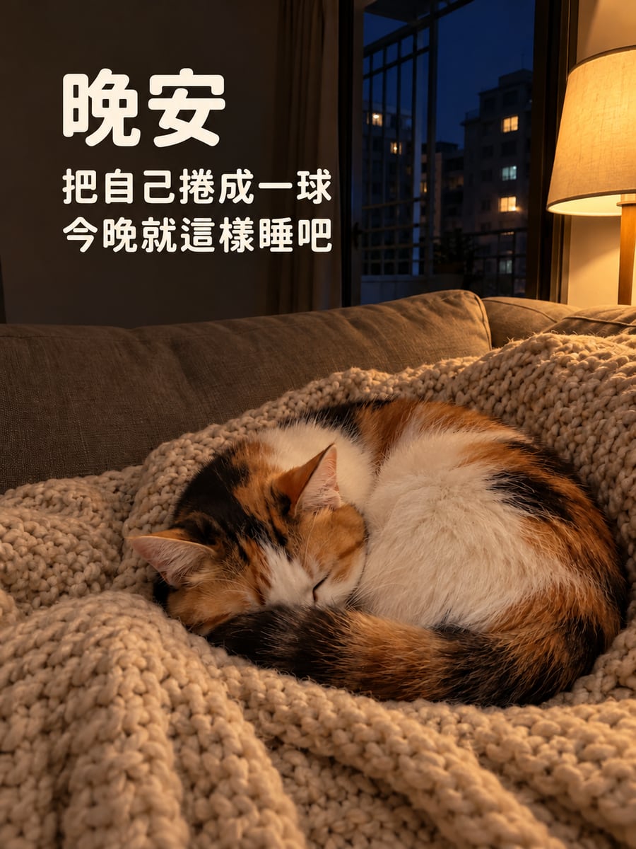 毛毯裡的三花貓。圖中文字：晚安，把自己捲成一球，今晚就這樣睡吧