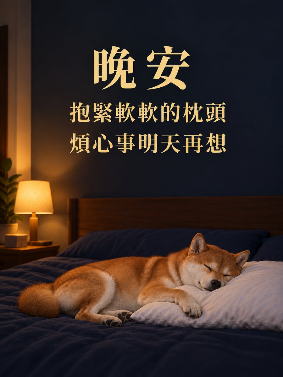 抱枕頭的柴犬。圖中文字：晚安，抱緊軟軟的枕頭，煩心事明天再想