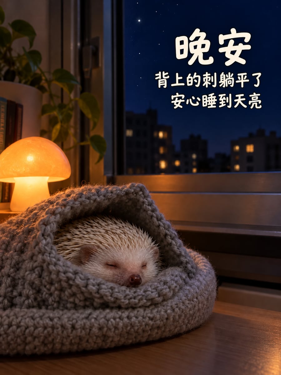 睡袋裡的刺蝟。圖中文字：晚安，背上的刺躺平了，安心睡到天亮