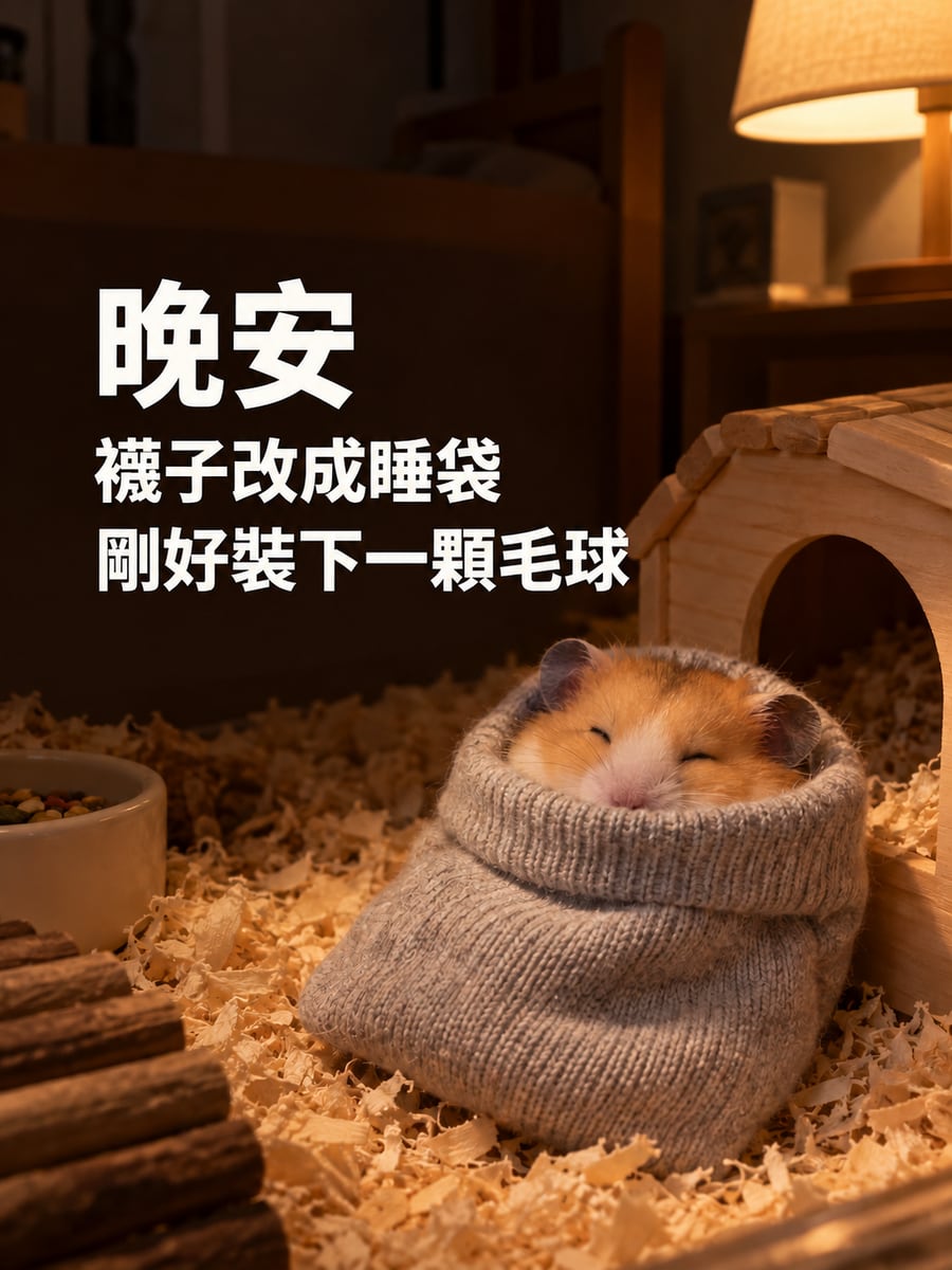 襪子睡袋裡的倉鼠。圖中文字：晚安，襪子改成睡袋，剛好裝下一顆毛球