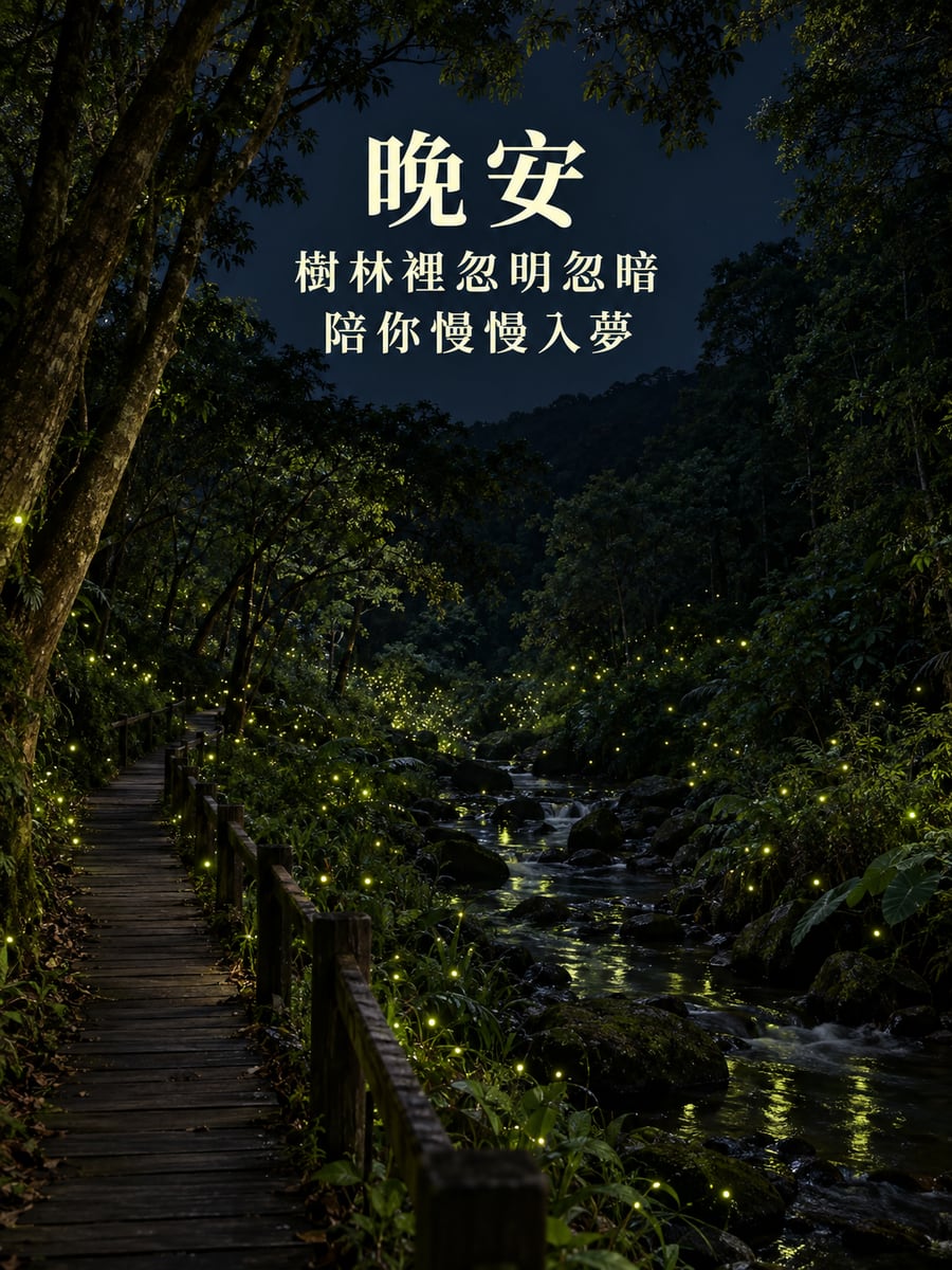 樹林裡的螢火蟲。圖中文字：晚安，樹林裡忽明忽暗，陪你慢慢入夢