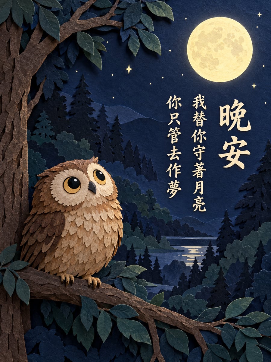 守著月亮的貓頭鷹。圖中文字：晚安，我替你守著月亮，你只管去作夢