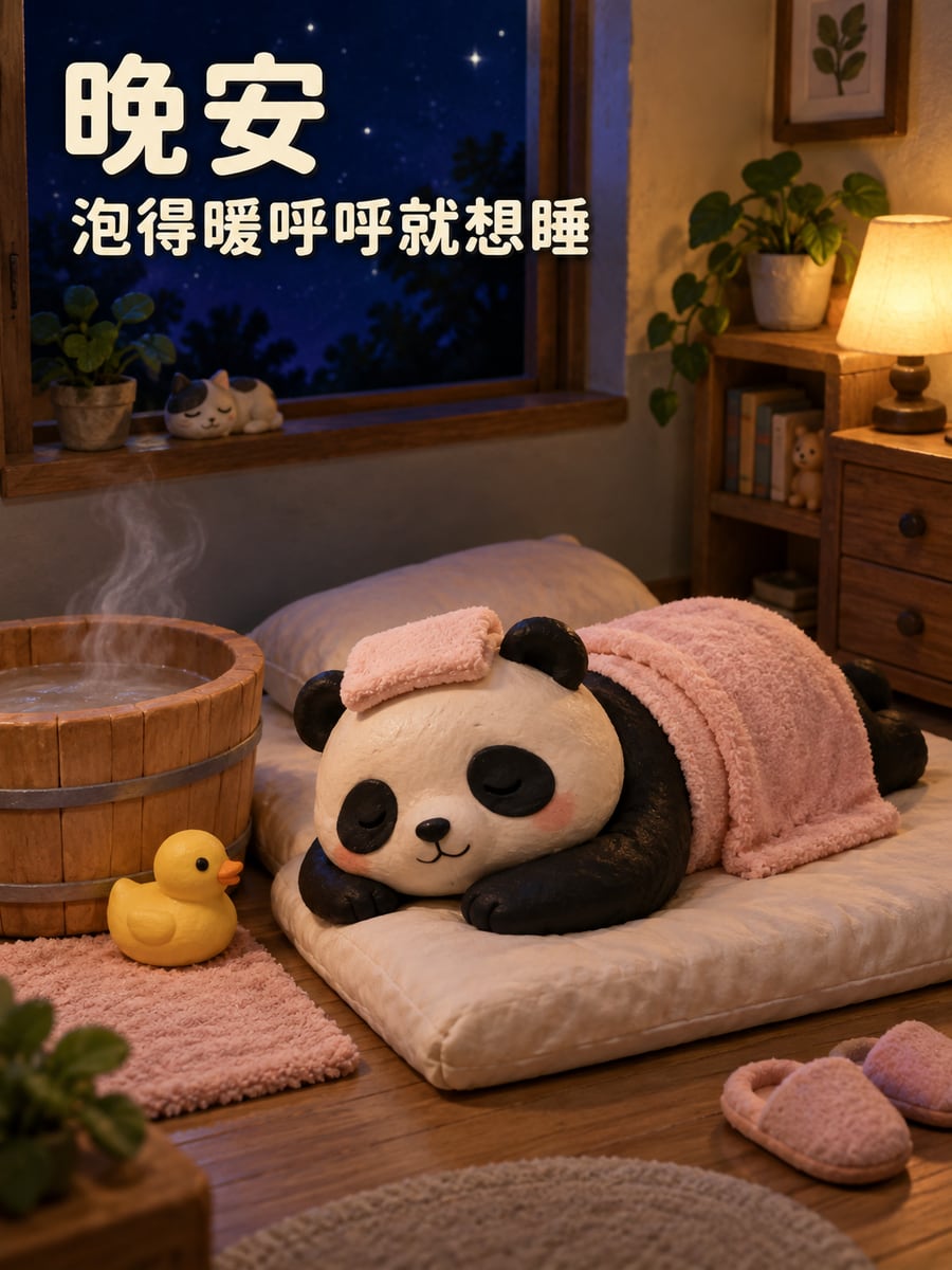 泡完澡的熊貓。圖中文字：晚安，泡得暖呼呼就想睡