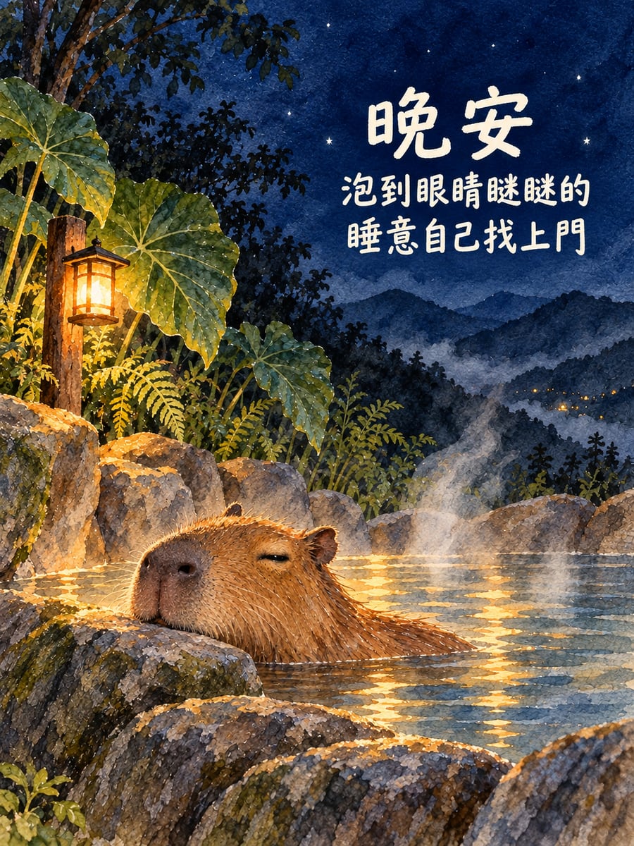 夜泡湯的水豚。圖中文字：晚安，泡到眼睛瞇瞇的，睡意自己找上門