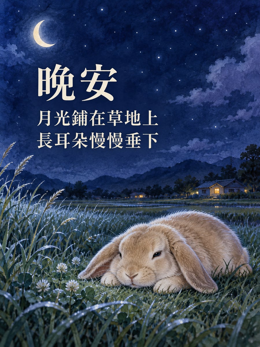 月光下的垂耳兔。圖中文字：晚安，月光鋪在草地上，長耳朵慢慢垂下