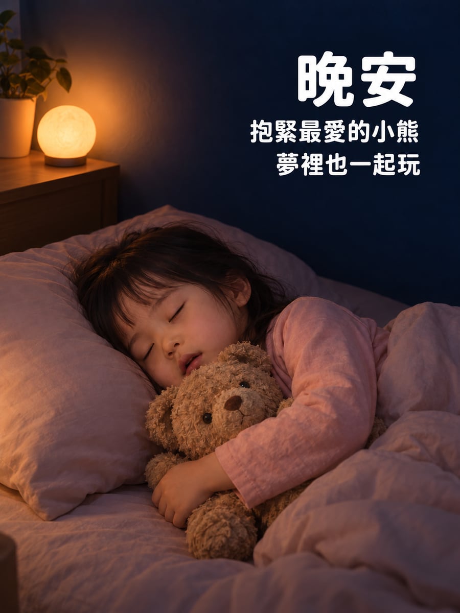 抱著小熊睡著。圖中文字：晚安，抱緊最愛的小熊，夢裡也一起玩