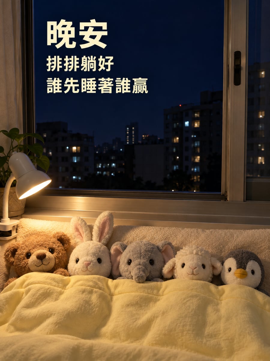 排排躺好的玩偶。圖中文字：晚安，排排躺好，誰先睡著誰贏
