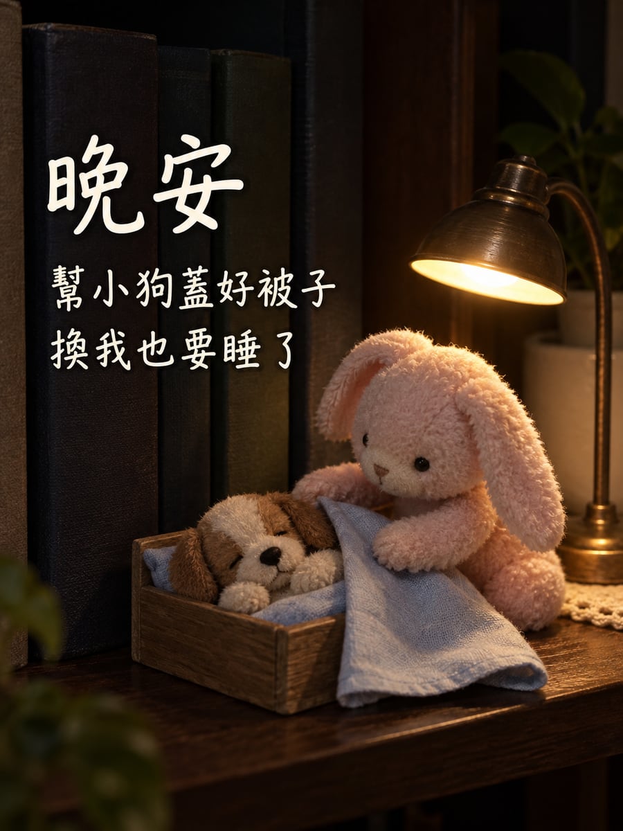 幫小狗蓋被的兔子。圖中文字：晚安，幫小狗蓋好被子，換我也要睡了