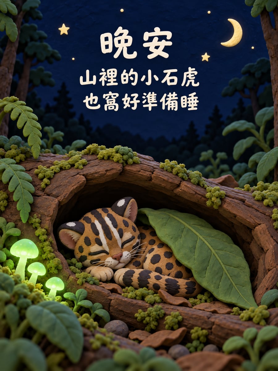 山裡的小石虎。圖中文字：晚安，山裡的小石虎，也窩好準備睡