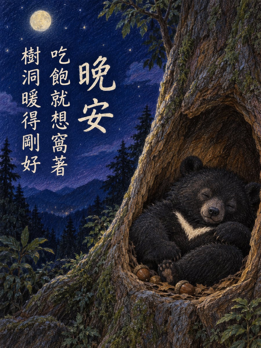 樹洞裡的小黑熊。圖中文字：晚安，吃飽就想窩著，樹洞暖得剛好