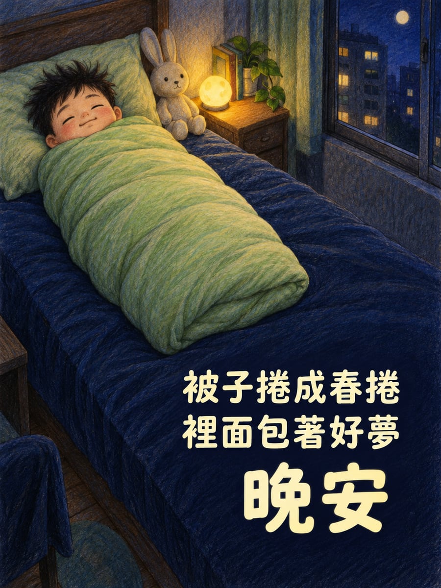 捲成春捲的小孩。圖中文字：晚安，被子捲成春捲，裡面包著好夢