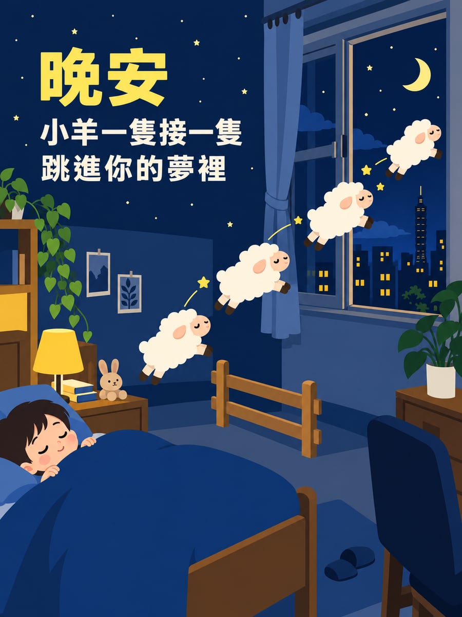 跳進夢裡的小羊。圖中文字：晚安，小羊一隻接一隻，跳進你的夢裡