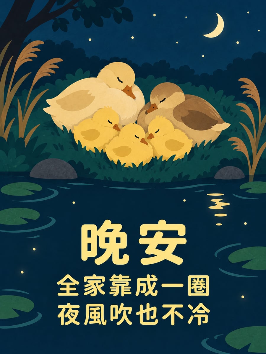 靠成一圈的鴨子。圖中文字：晚安，全家靠成一圈，夜風吹也不冷