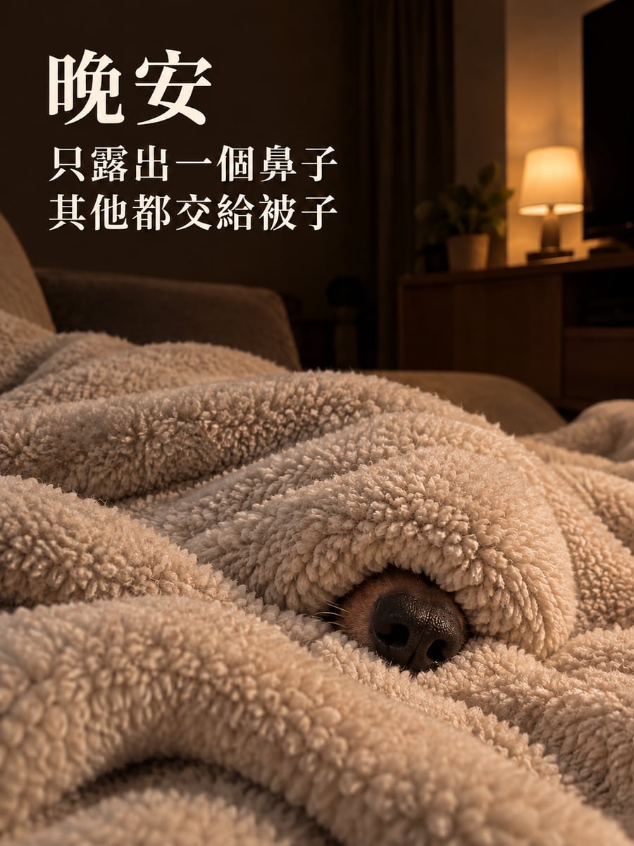 只露鼻子的臘腸狗。圖中文字：晚安，只露出一個鼻子，其他都交給被子