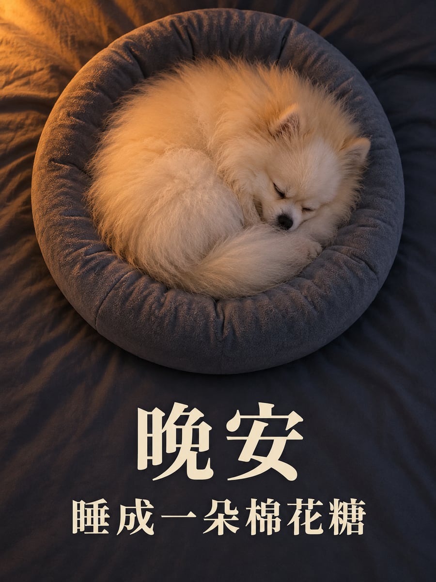 睡成棉花糖的博美。圖中文字：晚安，睡成一朵棉花糖