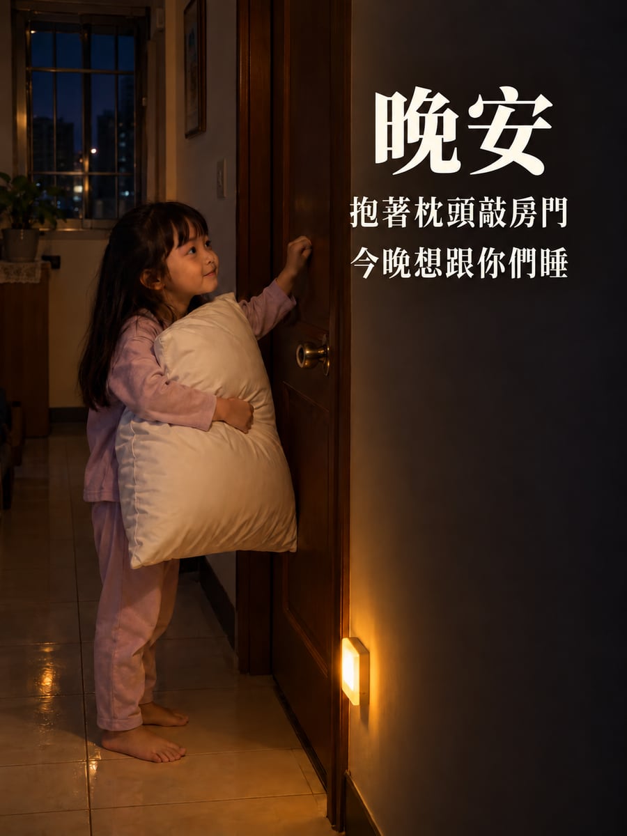 抱著枕頭來敲門。圖中文字：晚安，抱著枕頭敲房門，今晚想跟你們睡