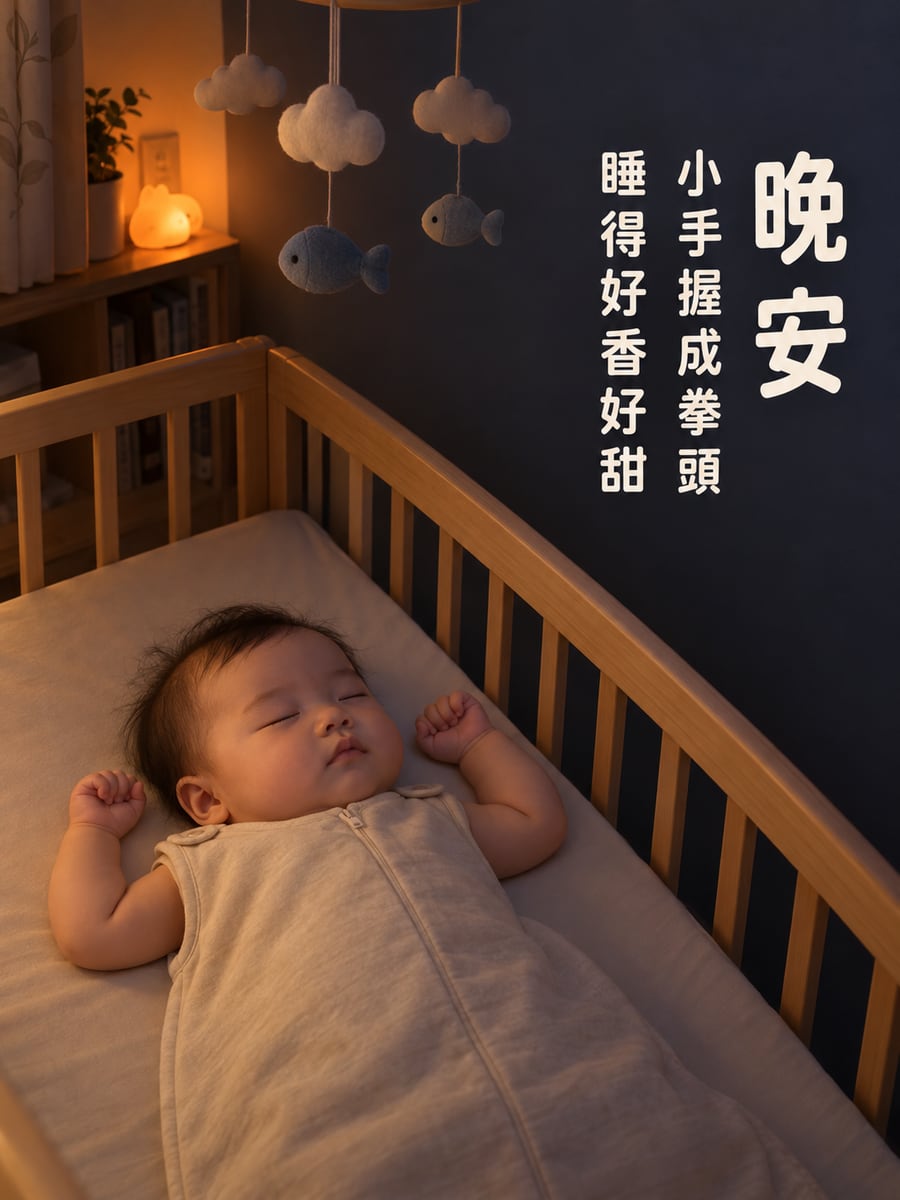 握著拳頭睡的寶寶。圖中文字：晚安，小手握成拳頭，睡得好香好甜
