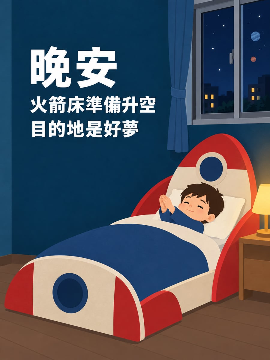 火箭床要出發。圖中文字：晚安，火箭床準備升空，目的地是好夢