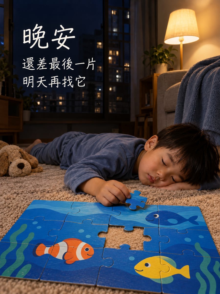 拼圖拼到睡著。圖中文字：晚安，還差最後一片，明天再找它
