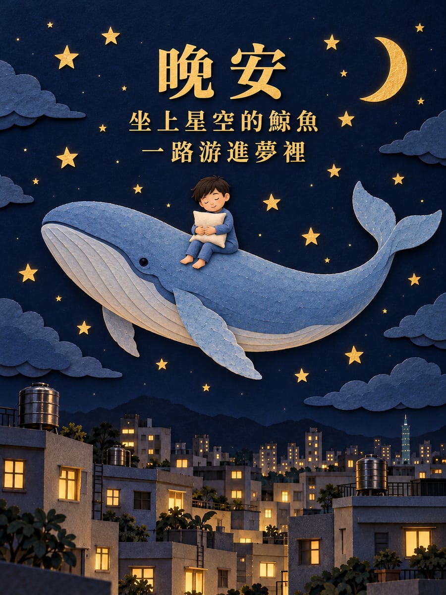 坐鯨魚去作夢。圖中文字：晚安，坐上星空的鯨魚，一路游進夢裡