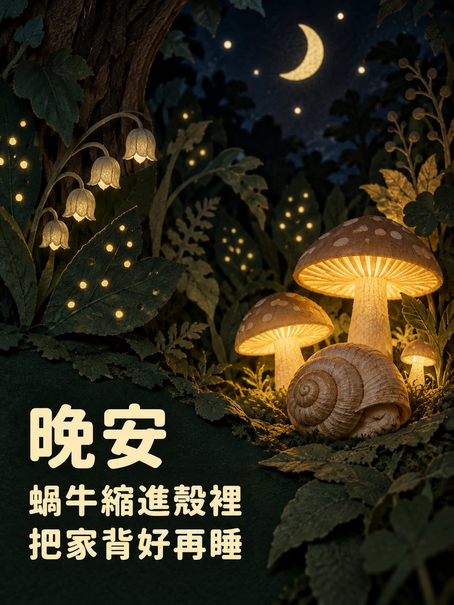 縮進殼裡的蝸牛。圖中文字：晚安，蝸牛縮進殼裡，把家背好再睡