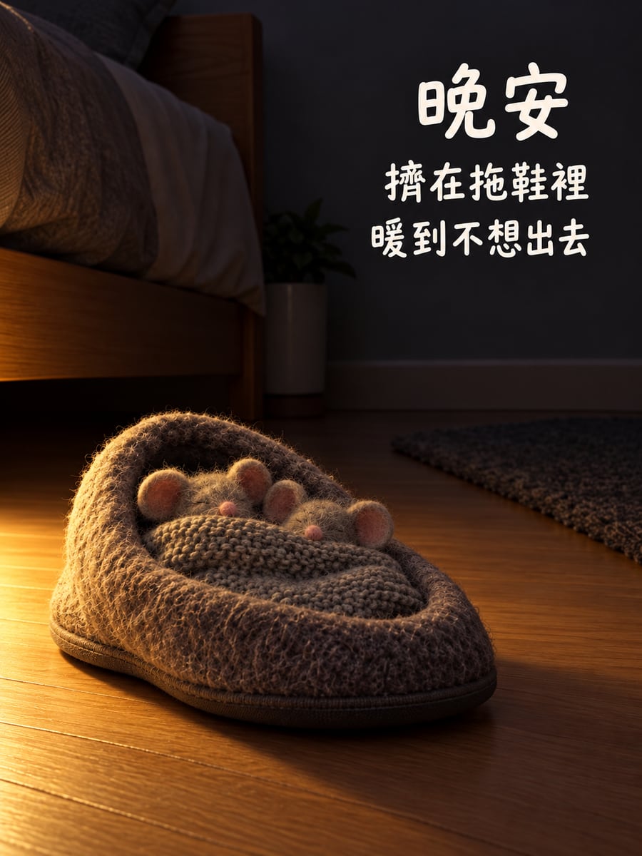 拖鞋裡的小老鼠。圖中文字：晚安，擠在拖鞋裡，暖到不想出去