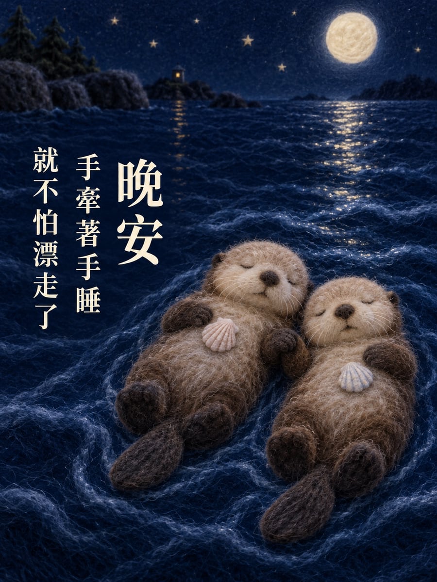 牽手睡的海獺。圖中文字：晚安，手牽著手睡，就不怕漂走了