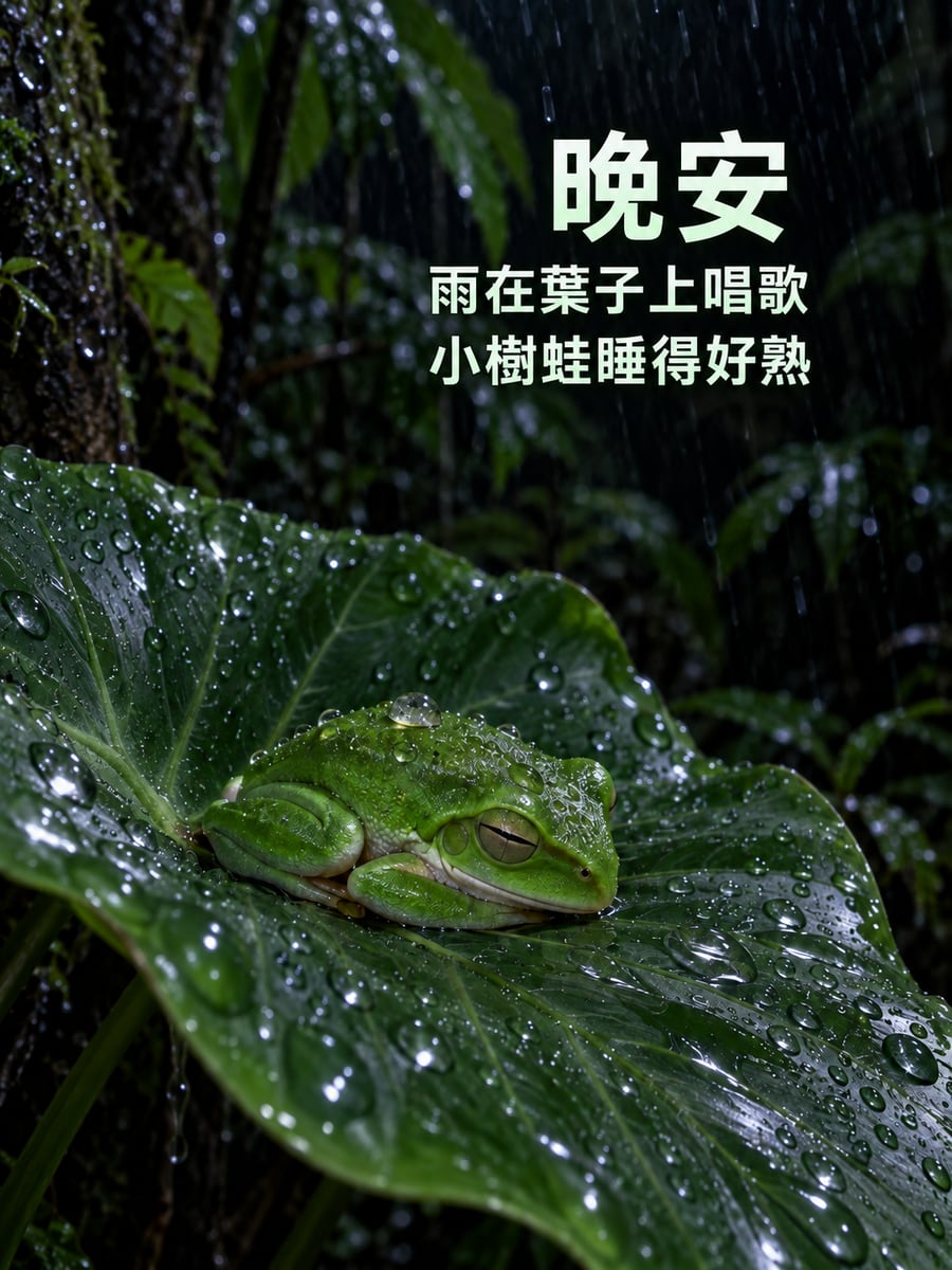 雨夜裡的小樹蛙。圖中文字：晚安，雨在葉子上唱歌，小樹蛙睡得好熟