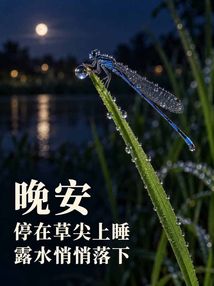 草尖上睡著的豆娘。圖中文字：晚安，停在草尖上睡，露水悄悄落下