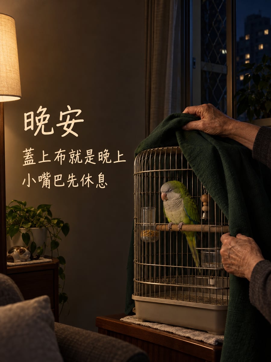 蓋布睡覺的鸚鵡。圖中文字：晚安，蓋上布就是晚上，小嘴巴先休息