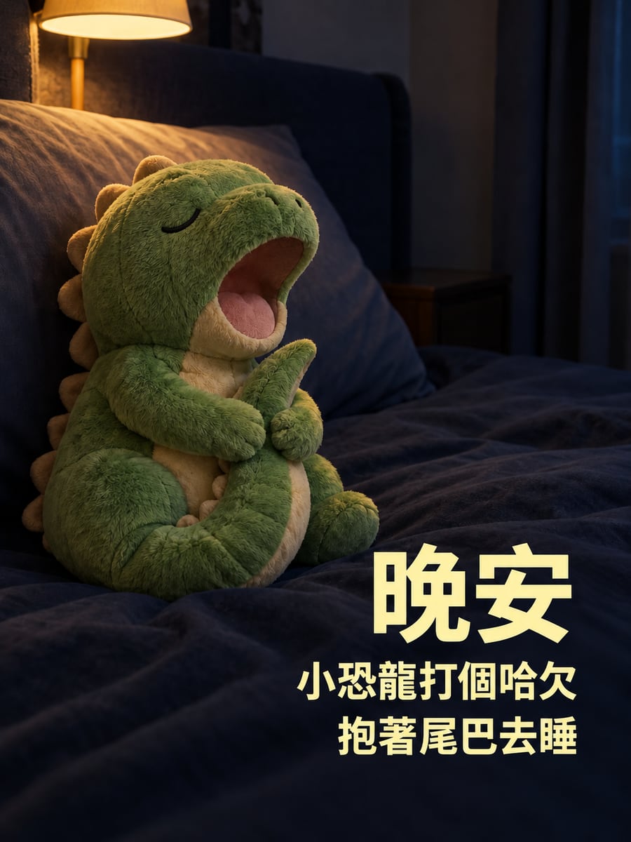 打哈欠的恐龍玩偶。圖中文字：晚安，小恐龍打個哈欠，抱著尾巴去睡