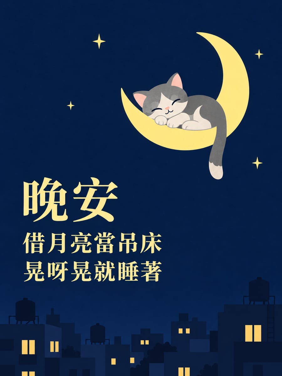 月亮吊床上的貓。圖中文字：晚安，借月亮當吊床，晃呀晃就睡著