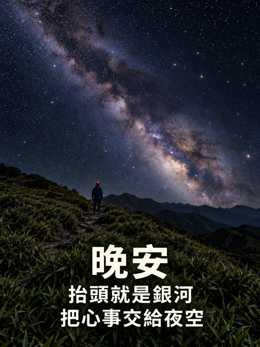 高山上的銀河。圖中文字：晚安，抬頭就是銀河，把心事交給夜空