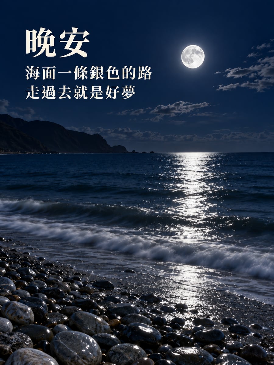 海上的月光路。圖中文字：晚安，海面一條銀色的路，走過去就是好夢