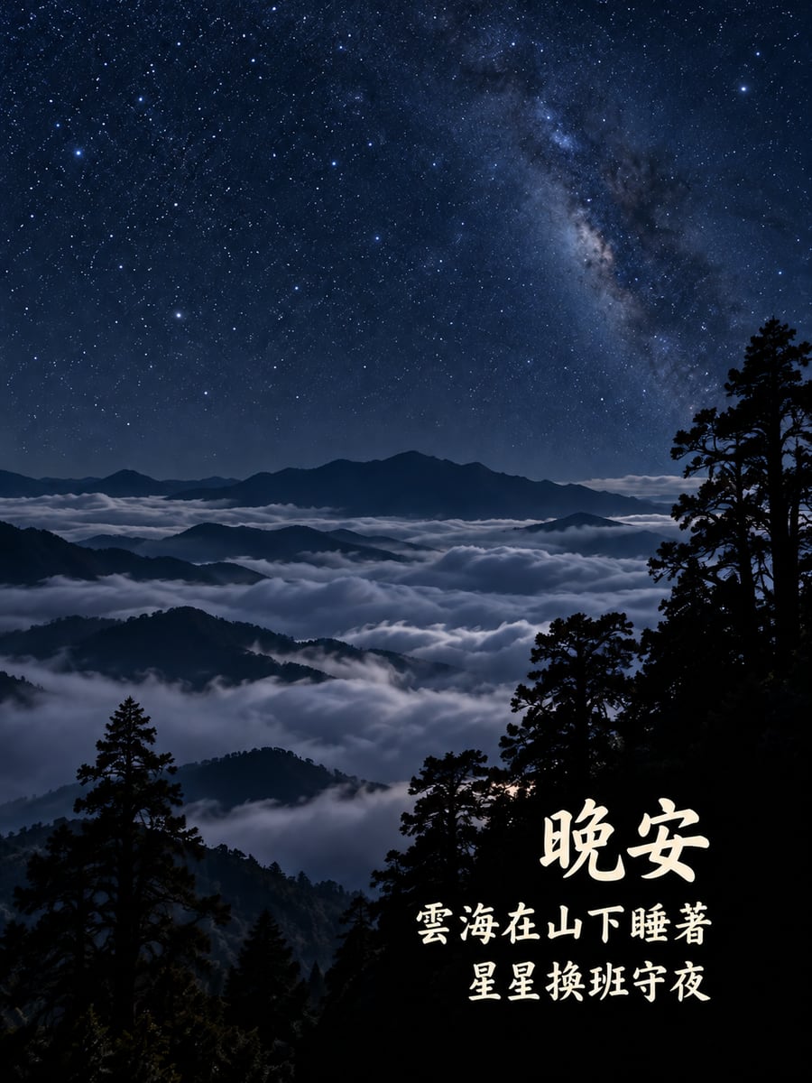 雲海上的星空。圖中文字：晚安，雲海在山下睡著，星星換班守夜